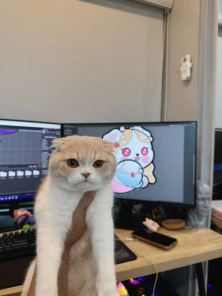 Team member with a resident studio cat